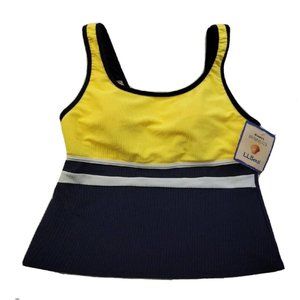 NEW - LL Bean Tankini Top Navy Yellow White Ribbed Women's Swimwear Size 10 NWT